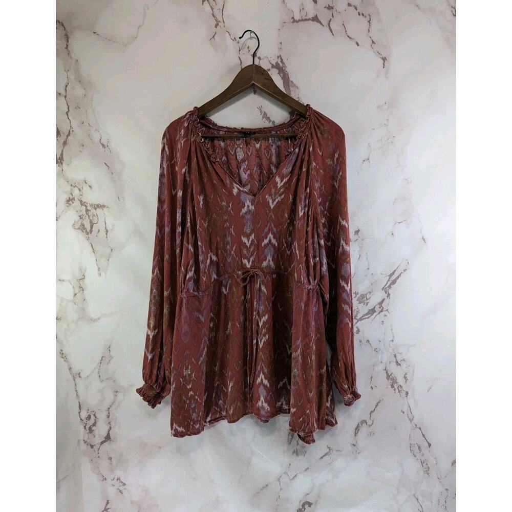 Torrid Shirt Womens 2 2X Pink Ikat Blouse Long Sleeve Peasant Ruffle Tie Notch V